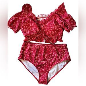Shein Swim Suit 2 piece Sz 2XL Red W White Flowers Short Sleeve Top All lined